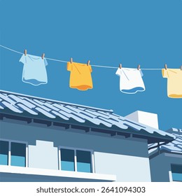 Laundry Line with Colorful Shirts and a House on Sunny Day