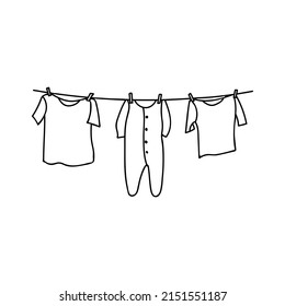 Laundry line doodle illustration in vector. Laundry line hand drawn illustration. Drying clothes on laundry line doodle illustration.