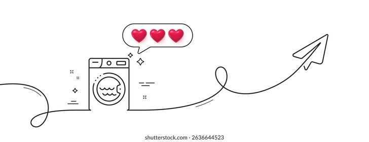 Laundry line icon. Continuous line with share plane. Washing machine sign. Hotel service symbol. Hearts rate review in speech bubble. Laundry single line ribbon. Loop curve pattern. Vector