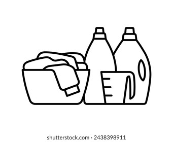 Wäsche, Linie-Symbol. Hamper, schmutzige Kleidung, Bleichmittel, Wäschepulver. Wäsche zu Hause waschen. Lineare Darstellung, bearbeitbare Striche, minimalistisches Vorzeichen