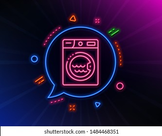 Laundry line icon. Neon laser lights. Washing machine sign. Hotel service symbol. Glow laser speech bubble. Neon lights chat bubble. Banner badge with laundry icon. Vector