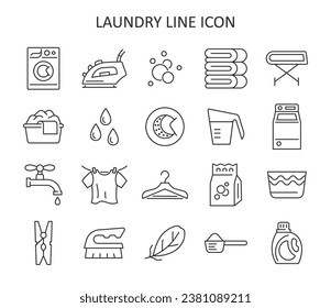 Laundry line icon set. Collection sign with washing machine, iron, clothes, water drops, brush and bubbles. Vector illustration.