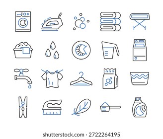 Laundry line icon set. Color collection sign with washing machine, iron, clothes, water drops, brush and bubbles. Vector illustration.