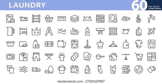 Laundry line icon set. Essentials, washing machine, detergent, clean clothes, iron, towel, wash, cleaning, shirt, bubble outline vector icons. Editable stroke