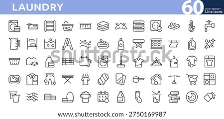 Laundry line icon set. Essentials, washing machine, detergent, clean clothes, iron, towel, wash, cleaning, shirt, bubble outline vector icons. Editable stroke