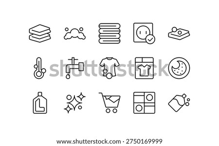 Laundry line icon set. Essentials, washing machine, detergent, clean clothes, iron, towel, wash, cleaning, shirt, bubble outline vector editable icon pack