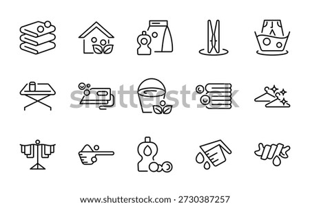 Laundry line icon set. Hand wash, t-shirt, washing, washing machine, dryer, washing liquid, clothes, cleaning, drying rack, drying clothes, carpet cleaning outline icons