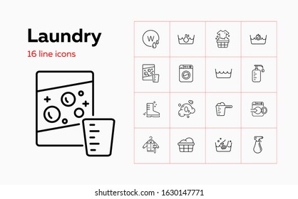 Laundry line icon set. Powder, basin, soap. Household concept. Can be used for topics like garment care, guide, manual