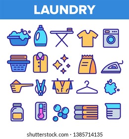 Laundry Line Icon Set Vector. Washing Machine. Clean Dry Cotton. Cloth Laundry Pictogram. Thin Outline Illustration