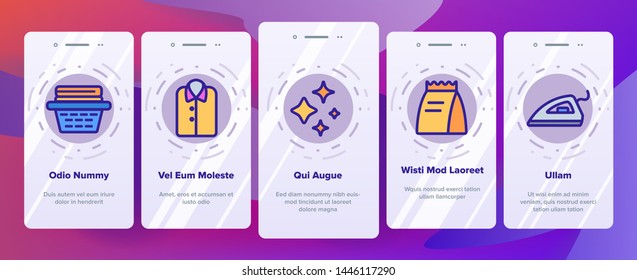 Laundry Line Icon Set Vector Onboarding Mobile App Page Screen. Washing Machine. Clean Dry Cotton. Cloth Laundry Pictogram. Thin Outline Illustration