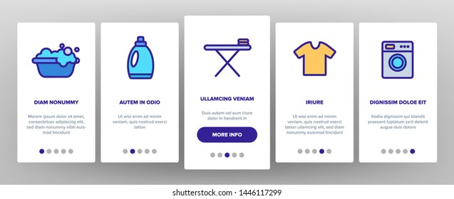 Laundry Line Icon Set Vector Onboarding Mobile App Page Screen. Washing Machine. Clean Dry Cotton. Cloth Laundry Pictogram. Thin Outline Illustration