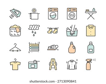 Conjunto de ícones da linha de lavandaria. Máquina de lavar, detergente, etc. Ilustração do vetor de cores