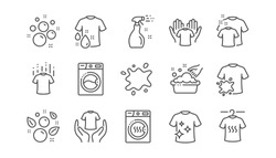 Laundry Line Icons. Dryer, Washing Machine And Dirt Shirt. Laundromat, Hand Washing, Laundry Service Icons. Linear Set. Vector