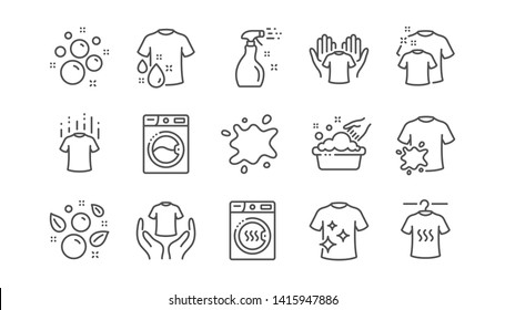 Laundry line icons. Dryer, Washing machine and dirt shirt. Laundromat, hand washing, laundry service icons. Linear set. Vector - Shutterstock ID 1415947886