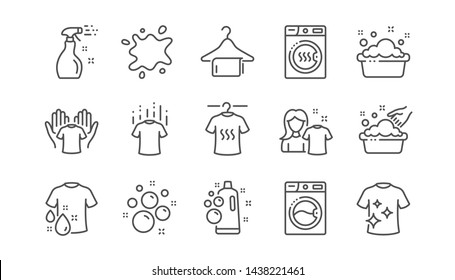 Laundry line icons. Dryer, Washing machine and dirt shirt. Laundromat, hand washing, laundry service icons. Linear set. Vector