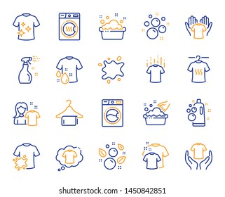 Laundry Line Icons. Dryer, Washing Machine And Dirt Shirt. Laundromat, Hand Washing, Soap Bubbles In Basin Icons. Dry T-shirt, Laundry Service, Dirty Smudge Spot. Clean Clothes. Vector
