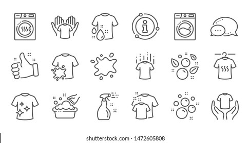 Laundry line icons. Dryer, Washing machine and dirt shirt. Laundromat, hand washing, laundry service icons. Linear set. Quality line set. Vector