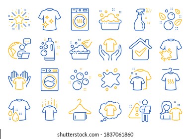 Laundry line icons. Dryer, Washing machine and dirt shirt. Laundromat, hand washing, soap bubbles in basin icons. Dry t-shirt, laundry service, dirty smudge spot. Clean clothes. Line icon set. Vector