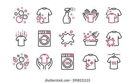 Laundry line icons. Dryer, Washing machine and dirt shirt. Laundromat, hand washing, laundry service icons. Linear set. Linear set. Quality line set. Vector