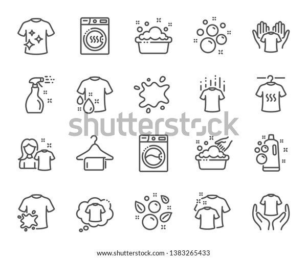 Laundry line\
icons. Dryer, Washing machine and dirt shirt. Laundromat, hand\
washing, soap bubbles in basin icons. Dry t-shirt, laundry service,\
dirty smudge spot. Clean clothes.\
Vector