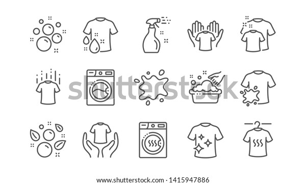 Laundry line icons. Dryer, Washing machine and\
dirt shirt. Laundromat, hand washing, laundry service icons. Linear\
set. Vector