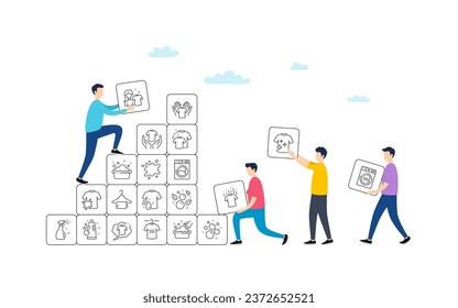 Laundry line icons. People team work concept. Dryer, Washing machine and dirt shirt. Laundromat, hand washing, soap bubbles in basin icons. Dry t-shirt, laundry service, dirty smudge spot. Vector