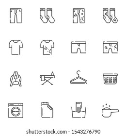 Laundry line icons set. linear style symbols collection, outline signs pack. vector graphics. Set includes icons as dirty clothes, socks, pin, ironing board, pants, washing machine, detergent bottle