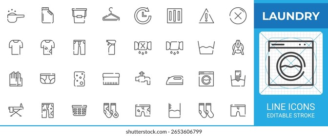 Laundry line outline icon pack. Vector symbol set showing washing tools, garments, stains, detergent, socks, gloves, tap, brush, basket, and washing machine. Great for guides, labels