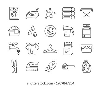 Laundry line set icons. Collection sign with washing machine, iron, clothes, water drops, brush and bubbles. Editable stroke. Vector illustration.