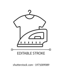 Laundry linear icon. Hotel laundry service is service that washes and irons customer clothes. Thin line customizable illustration. Contour symbol. Vector isolated outline drawing. Editable stroke