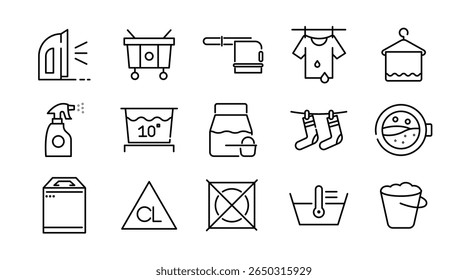 Laundry linear icon set. Wash, cleaning, service, dirty shirt, hand washing, machine, dryer, housework, dirty, washing machine, shirt, iron, hanger, clothes, vector icon set. UI thin line icon pack