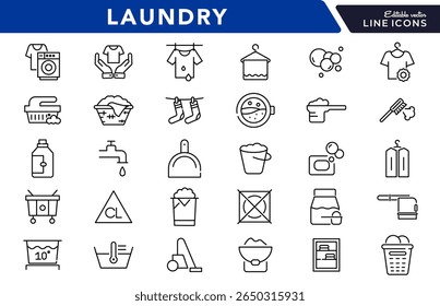 Laundry linear icon set. Wash, cleaning, service, dirty shirt, hand washing, machine, dryer, housework, dirty, washing machine, shirt, iron, hanger, clothes, vector icon set. UI thin line icon pack