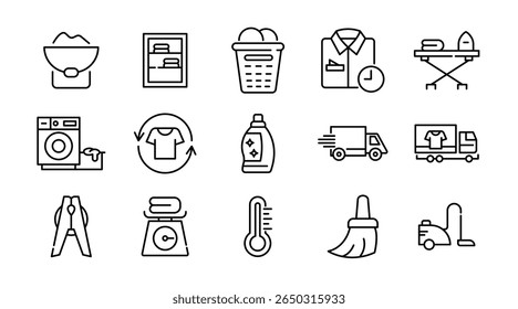 Laundry linear icon set. Wash, cleaning, service, dirty shirt, hand washing, machine, dryer, housework, dirty, washing machine, shirt, iron, hanger, clothes, vector icon set. UI thin line icon pack
