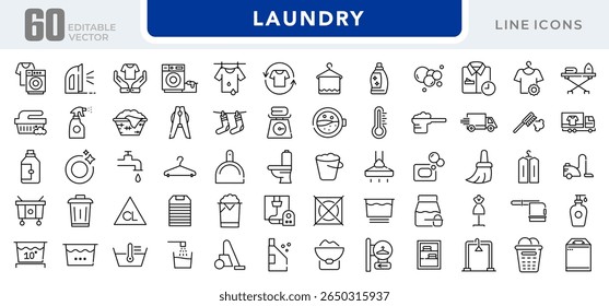 Laundry linear icon set. Wash, cleaning, service, dirty shirt, hand washing, machine, dryer, housework, dirty, washing machine, shirt, iron, hanger, clothes, vector icon set. UI thin line icon pack