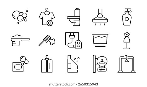 Laundry linear icon set. Wash, cleaning, service, dirty shirt, hand washing, machine, dryer, housework, dirty, washing machine, shirt, iron, hanger, clothes, vector icon set. UI thin line icon pack