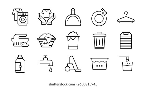 Laundry linear icon set. Wash, cleaning, service, dirty shirt, hand washing, machine, dryer, housework, dirty, washing machine, shirt, iron, hanger, clothes, vector icon set. UI thin line icon pack