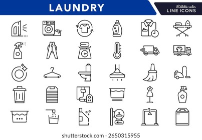 Laundry linear icon set. Wash, cleaning, service, dirty shirt, hand washing, machine, dryer, housework, dirty, washing machine, shirt, iron, hanger, clothes, vector icon set. UI thin line icon pack