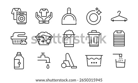 Laundry linear icon set. Wash, cleaning, service, dirty shirt, hand washing, machine, dryer, housework, dirty, washing machine, shirt, iron, hanger, clothes, vector icon set. UI thin line icon pack