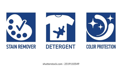 Laundry liquid flat blue square icons set - Color Protection, Detergent, Stain Remover