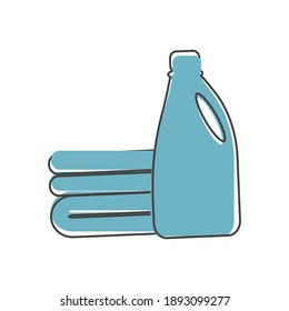 Laundry liquid vector icon. Detergent and a stack of laundry on cartoon style on white isolated background.