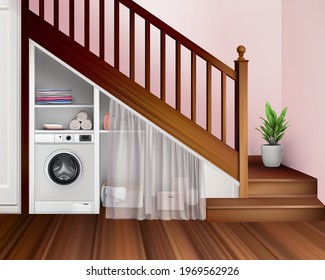 Laundry location under the stairs and storage space. Vector 3d realistic interior illustration.