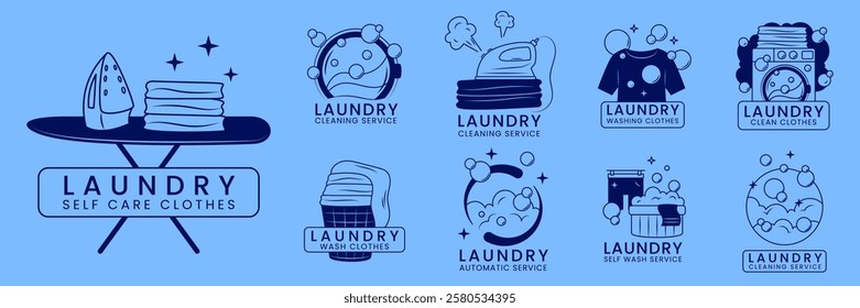 Laundry logo. Clothes cleaning. Housekeeping service icon sketch. Washing machine. Business sign. Washer label design. Laundromat and iron. Detergent foam. Retro ribbons. Vector garish symbols set