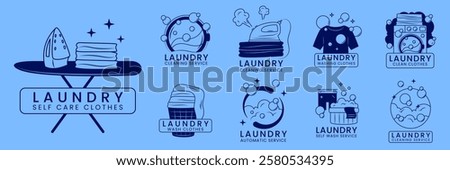 Laundry logo. Clothes cleaning. Housekeeping service icon sketch. Washing machine. Business sign. Washer label design. Laundromat and iron. Detergent foam. Retro ribbons. Vector garish symbols set