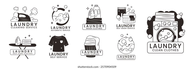 Laundry logo. Clothing wash icons. Basket for clean bedding linen. Washing machine. Label service housekeeping. Retro detergent foam symbols. Laundromat and iron. Vector design garish logotypes set