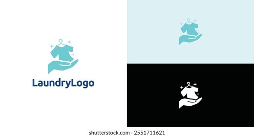 Laundry logo design. Simple laundry illustration logo with t-shirt and hanger symbol. 