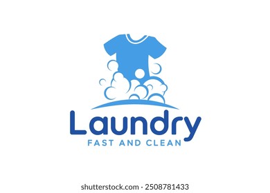 Laundry logo design template. Clothes illustration with detergent bubbles for laundry service logo