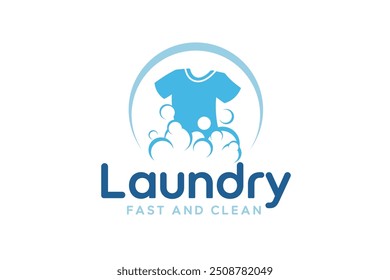 Laundry logo design template. Clothes illustration with detergent bubbles for laundry service logo