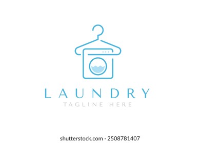 Laundry logo design template. Creative logo of hanger and washing machine combination in linear style