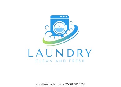 Laundry logo design template. Washing machine with bubbles illustration concept for laundry logo