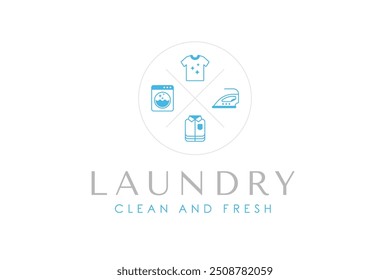 Modelo de design de logotipo de lavanderia. Máquina de lavar roupa, roupas, ferro e roupas dobradas ícone da linha de contorno